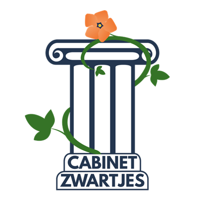 Logo Cabinet Zwartjes, Pilier dessiné cerné d'une plante grimpante, orné d'une fleur orange
