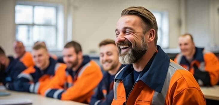 Travailleurs de chantier réunis pour un atelier de prévention des risques professionnels.