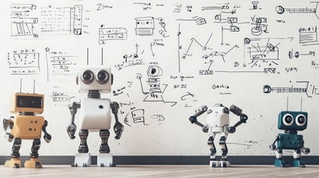 Robots et équations illustrant un exercice pratique lors d'une session de formation dédiée à la compréhension des nouveaux règlements ANC.